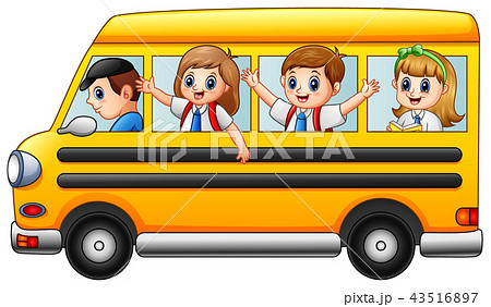 Happy school kids riding a school bus 43516897