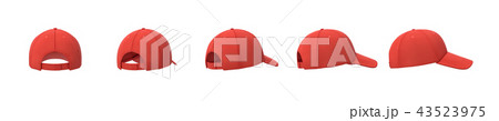 3d rendering of five red baseball caps shown in one line from back to side view on a white 43523975
