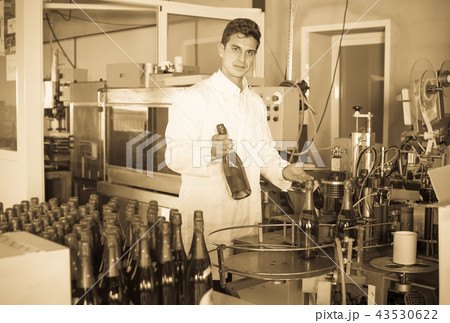 attractive man employee standing in final section of wine production on factory 43530622