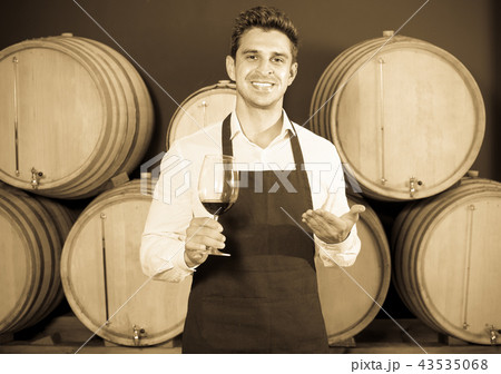 male seller holding glass on wine in cellar . 43535068