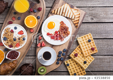 Breakfast on rustic table Breakfast on rustic table 43538850