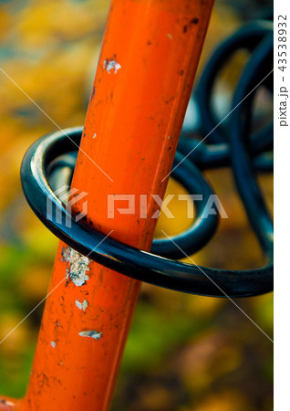 A black bike lock on an orange bike 43538932