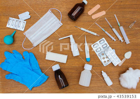 Medical items on table. Top view. 43539153