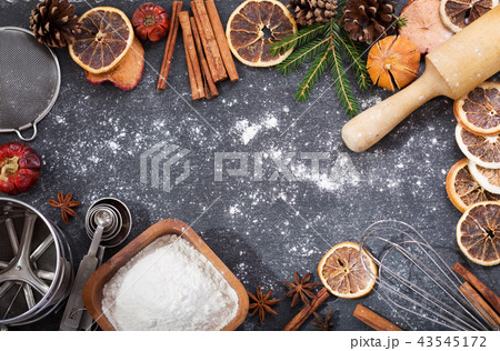 Ingredients for cooking Christmas baking, top view 43545172
