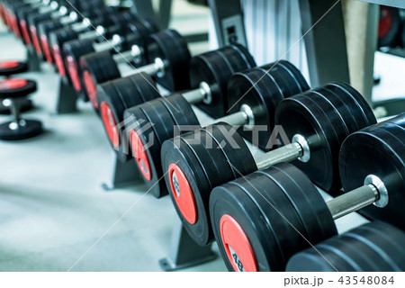 Close up image of chrome dumbbells in gym 43548084