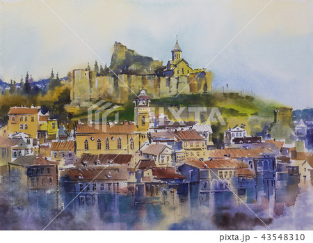 Watercolor painting Tbilisi old town City Mtatsminda Mountain The Narikala Fortress 43548310