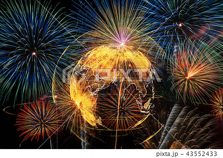 Multicolor Firework Celebration over the Part of Abstract planet earth particle background, Independence day concept 43552433