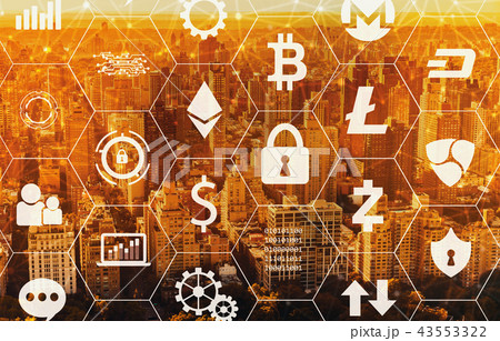 Cryptocurrency theme with aerial view of NY skyline Cryptocurrency theme with aerial view of NY skyline 43553322