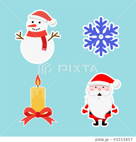 Set of Christmas sticker. New Year blue snowflake, snowman, santa and candle. Winter icon. Vector Set of Christmas sticker. New Year blue snowflake, snowman, santa and candle. Winter icon. Vector 43553857