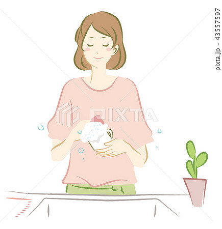 食器洗いをする女性のイラストのイラスト素材
