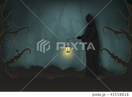 Grim reaper in dark forest, Halloween background 43558818
