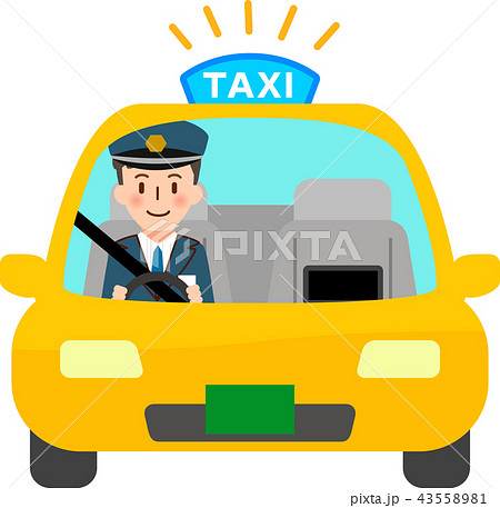 タクシーとハンドルを握る運転手 正面 のイラスト素材