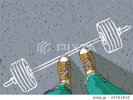 Feet of young man and barbell painted on asphalt top view 43561810