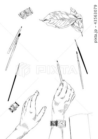 Vector illustration. One hand holding a pencil. Ribbons, leaves, brushes around. On isolated white 43563079