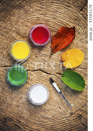 Leafs brush paints wooden circles Leafs brush paints wooden circles 43565176