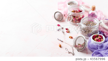 Rose flower petals and buds for aromatherapy. 43567996