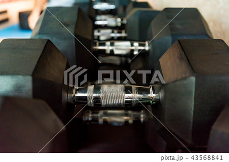 Closeup image of big black chrome dumbbells 43568841