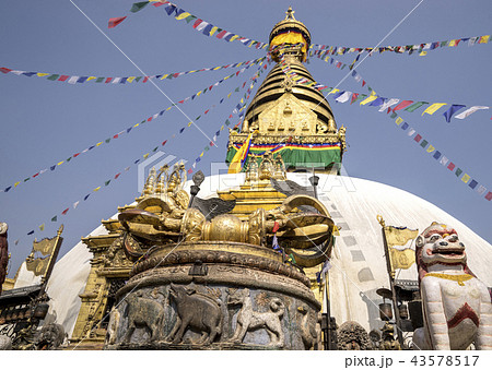 Buddhist stupa and vajra in Swayambunath temple Buddhist stupa and vajra in Swayambunath temple 43578517