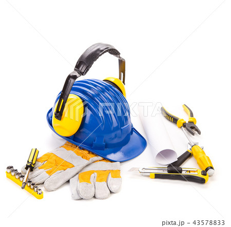 Close-up of set of protective items and tools for workers. 43578833