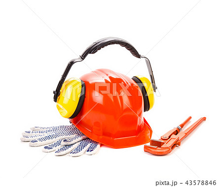 Close-up of set of protective items and tools for workers. 43578846