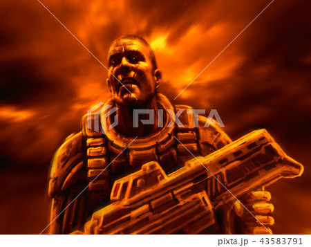 Soldier of the future with large sniper rifle. Soldier of the future with large sniper rifle. 43583791