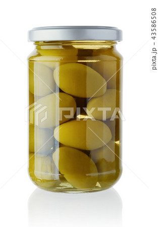 Green olives in a glass jar isolated on white Green olives in a glass jar isolated on white 43586508