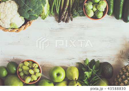 Top view of green fruits and vegetables Top view of green fruits and vegetables 43588830