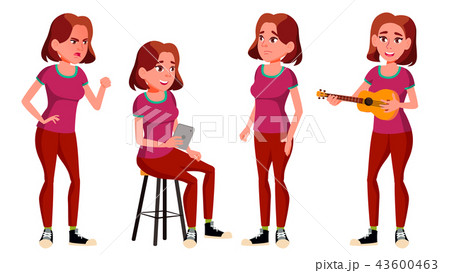 Teen Girl Poses Set Vector. Positive Person. For Postcard, Cover, Placard Design. Isolated Cartoon 43600463