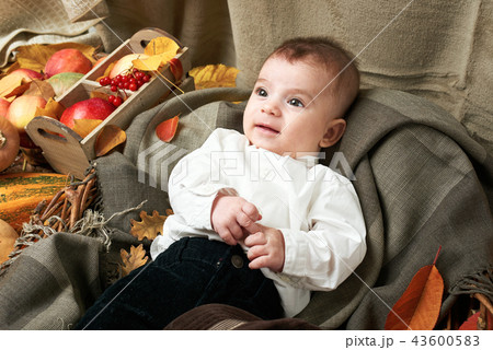 autumn concept - child boy lie on yellow leaves autumn concept - child boy lie on yellow leaves 43600583