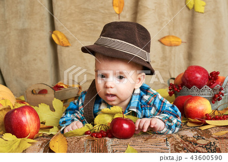 autumn concept - child boy lie on yellow leaves 43600590