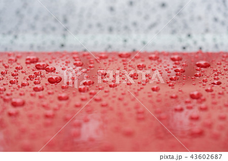 Closeup rain drops on red car with hydrophobic coating 43602687