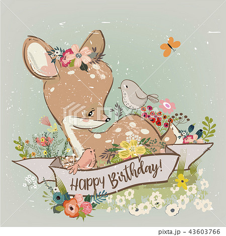 birthday little deer with flowers and birds 43603766