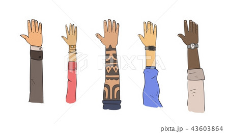 Set of hands of different ethnicities and lifestyles. Flat vector illustration. Isolated on white Set of hands of different ethnicities and lifestyles. Flat vector illustration. Isolated on white 43603864