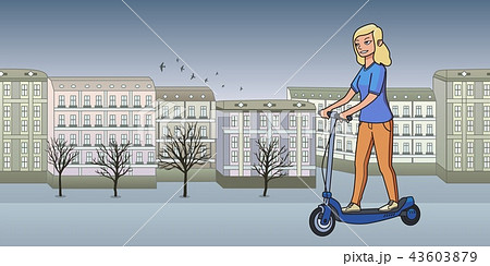 Young blonde girl riding electric scooterboard on bleak autumn city background. Flat line vector Young blonde girl riding electric scooterboard on bleak autumn city background. Flat line vector 43603879
