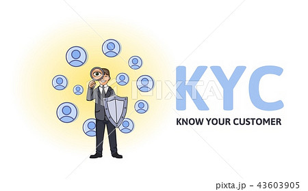 KYC, Know Your Customer. Businessman with a shield looking at the partners-to-be through a 43603905