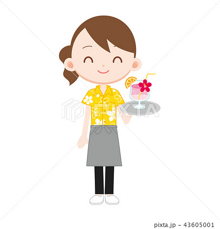 トロピカルジュースを運ぶアロハシャツの女性店員さんのイラスト素材
