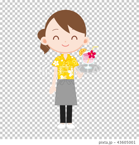 トロピカルジュースを運ぶアロハシャツの女性店員さん トロピカルジュースを運ぶアロハシャツの女性店員さん 43605001