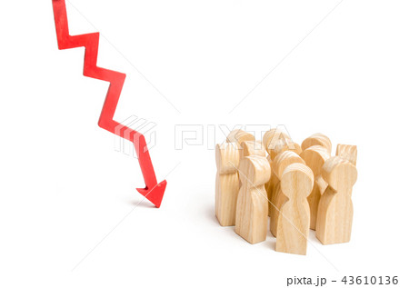 A group of people and a red arrow down.  43610136