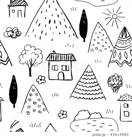 Country landscape seamless pattern. Caucasus vector landscape Country landscape seamless pattern. Caucasus vector landscape 43614983