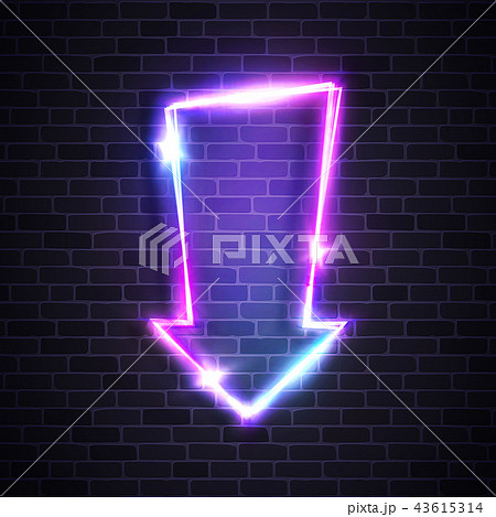 Neon glowing arrow pointer on dark brick wall background. Colorful shining retro light sign. Vintage 43615314