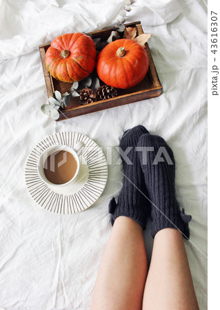 Autumn bed still life. Female legs in knitted socks and cup of coffee. Wooden tray with pumpkins 43616307