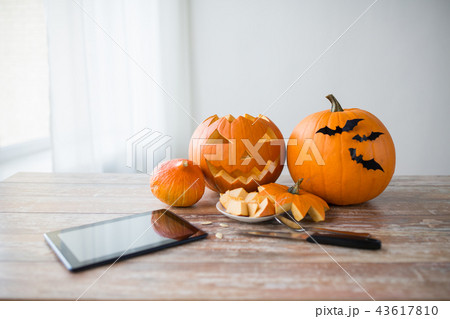 halloween jack-o-lantern, pumpkins and tablet pc halloween jack-o-lantern, pumpkins and tablet pc 43617810
