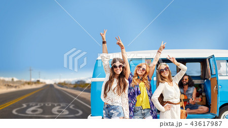 hippie friends over minivan car on us route 66 43617987