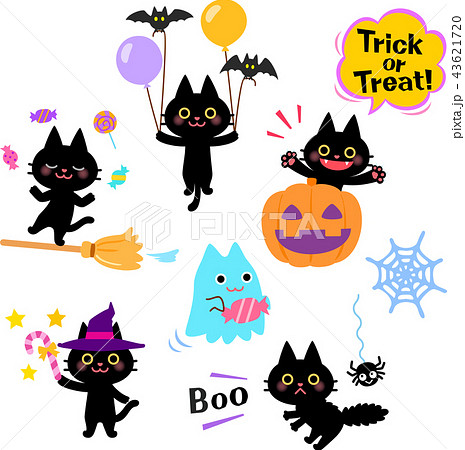 黒猫のハロウィンのイラストセットのイラスト素材