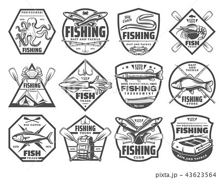 Fish and seafood fishing club vector icons Fish and seafood fishing club vector icons 43623564