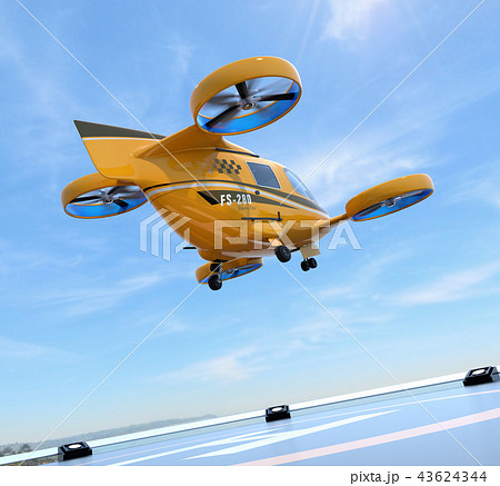 ヘリポートから離着陸している空飛ぶタクシーのコンセプトイメージ 43624344