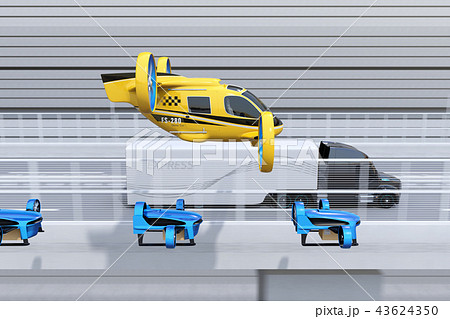 高速道路の上空を飛行しているドローンタクシーと配達ドローンのイメージ。 高速道路の上空を飛行しているドローンタクシーと配達ドローンのイメージ。 43624350