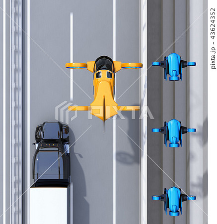 高速道路に隊列走行している大型トラック、配達ドローンとドローンタクシーの鳥瞰イメージ。 43624352