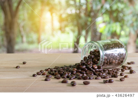 Roasted coffee beans in glass bottles on table. Roasted coffee beans in glass bottles on table. 43626497