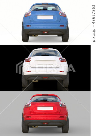 Set light blue, white and red subcompact crossover SUV. 3d rendering. Set light blue, white and red subcompact crossover SUV. 3d rendering. 43627863